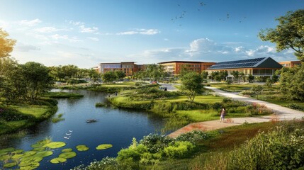 Serene Urban Park with Water Features and Lush Green Landscape