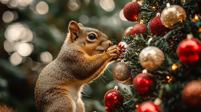 Cute squirrel eating Christmas tree ornament.