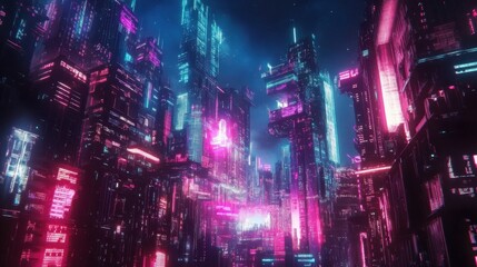 Fototapeta premium Futuristic Urban Landscape with Neon Lights and Digital Aesthetics