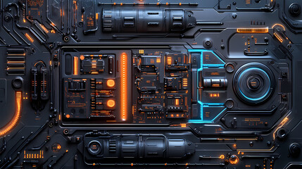 Fototapeta premium Futuristic metallic backdrop with intricate circuitry, glowing blue wires, and sleek mechanical components, conveying a. Mechanical. Illustration