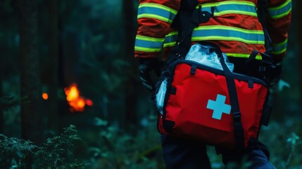 Obraz premium Firefighter with Emergency Medical Kit Walking in Dark Forest