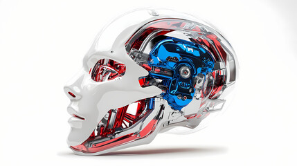 Highly realistic humanoid robot head with a smooth white exterior, revealing intricate internal blue and red mechanical components. Mechanical. Illustration