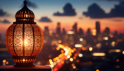  Ornate lantern glows against a bokeh backdrop of a city skyline at sunset