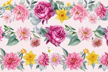 Pastel Pink Watercolor Flower Border with Leaves Peonies Dahlias and Daffodils for Bridal Shower Invitations and Home Decor