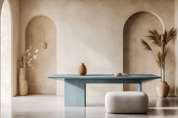 The minimalist, japandi style interior design features a modern living room with a blue dining table and ottoman chair, complemented by a beige stucco arched wall.
