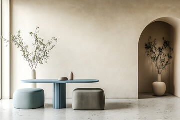 The minimalist, japandi style interior design features a modern living room with a blue dining table and ottoman chair, complemented by a beige stucco arched wall.