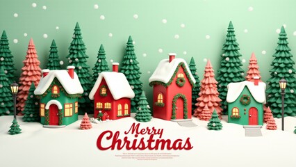 A festive Christmas village with snowy houses, pine trees, and Santa walking on a snowy path. Bright decorations and "Merry Christmas" text create a cheerful holiday atmosphere.