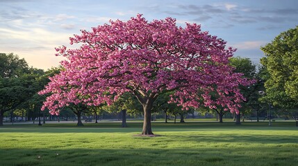 Obraz premium A vibrant pink flowering tree stands majestically in a serene park setting.