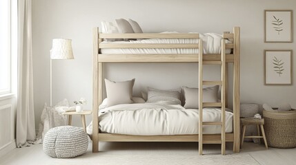 Cozy modern bedroom design with wooden bunk bed and soft decor