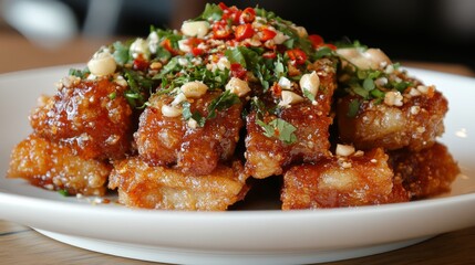 Crispy Fried Dish Garnished with Herbs and Spices on White Plate