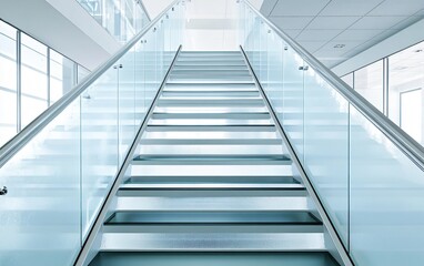 Modern staircase with glass railings in a bright, airy interior space.