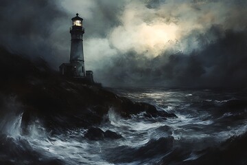 A dramatic lighthouse stands against a stormy sea, illuminating the dark, turbulent waters.
