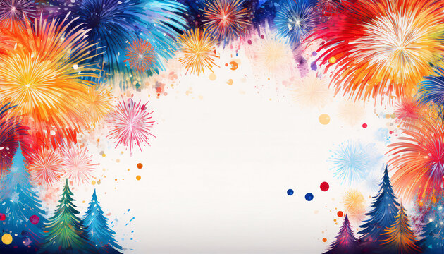 Dynamic New Year header with vibrant fireworks exploding and blank copy space for festive celebrations