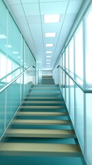 Obraz premium A modern staircase in a well-lit corridor with glass walls.