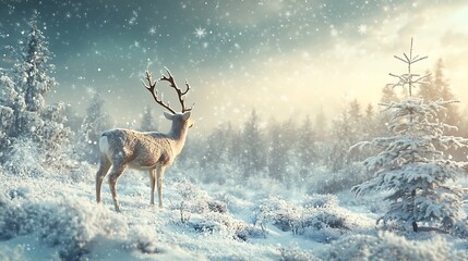 Majestic deer in a snowy winter forest. Concept of peace, serenity, and winter wonderland.