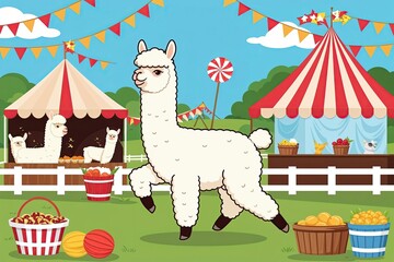 Adorable Alpaca Dancing at Vibrant Country Fair Artwork