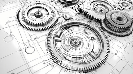 Engineering expertise showcased by hand drawing meticulous gear systems, essential for mechanical innovation, precise blueprint work. Mechanical. Illustration