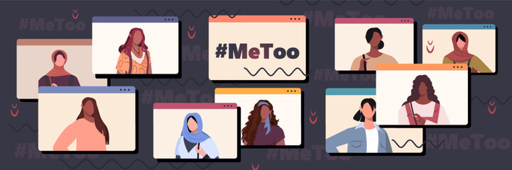  The Me Too Movement. Women support each other and vindicating their rights. Struggle for freedom, independence, equality. Video call, modern tech usage concept. Vector illustration. Not AI generated