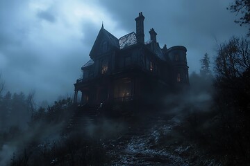 A dark, eerie mansion shrouded in fog under a stormy sky, evoking a haunting atmosphere.