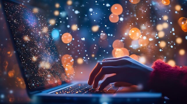Hands typing on laptop at night with bokeh lights. Winter holiday online shopping concept.