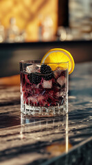 A photo of a Bramble cocktail with a lemon slice and blackberries on a modern stone bar table and background in a high class city lounge. Vertical layout.