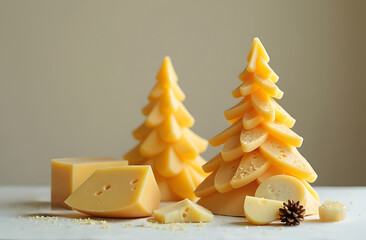 A creative arrangement of cheese resembling Christmas trees is showcased alongside assorted cheese pieces. The setting offers a festive touch with a neutral backdrop