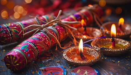 Fototapeta premium festive crackers and diyas in hand painted style