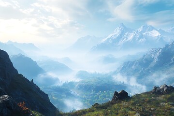 A serene mountain landscape with mist and lush greenery under a bright sky.