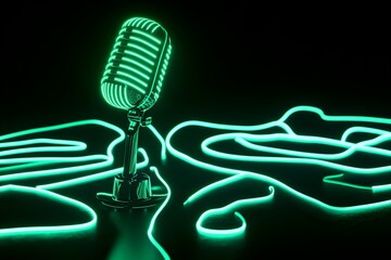 A retro-style microphone illuminated in neon tones with dynamic music waves on a black backdrop.