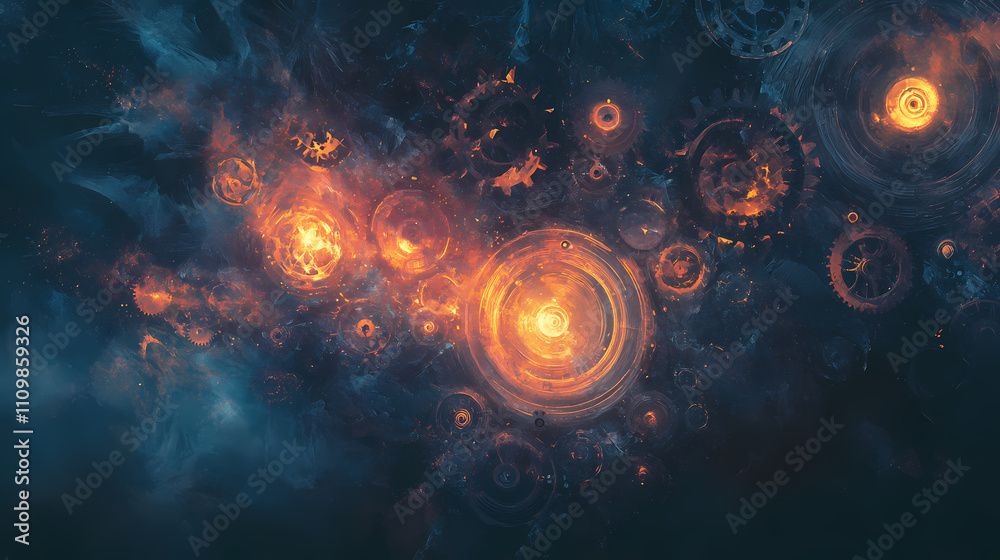 Wall mural abstract depiction of time with glowing gears and cogs interlocking in a dark void, conceptual art, 