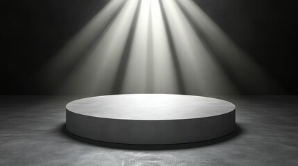 Circular Platform Illuminated By Spotlights In Dark Room