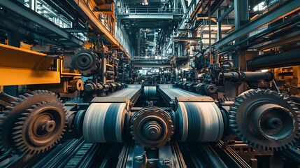 Fototapeta premium Abstract view of mechanical gears and belts in a large paper mill, papermaking machinery, industrial design. Mechanical. Illustration
