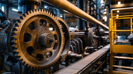 Fototapeta premium Abstract view of mechanical gears and belts in a large paper mill, papermaking machinery, industrial design. Mechanical. Illustration