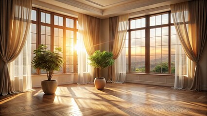 Fototapeta premium Sunlit Room with Hardwood Floors and Elegant Drapes