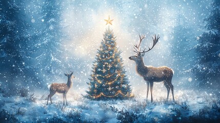 Magical winter scene with a decorated Christmas tree surrounded by gentle deer, soft snowflakes, and misty forest background
