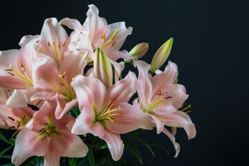 Fototapeta premium Beautiful bouquet of pink lilies with fresh green leaves against a dark background, conveying elegance and tranquility in floral arrangements.