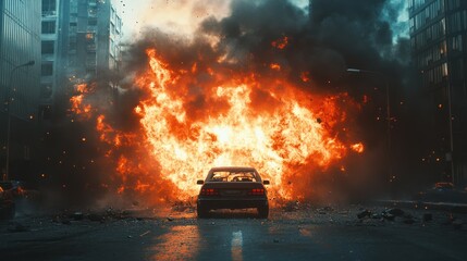 A car in front of a massive explosion in an urban setting.