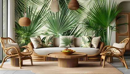 Fototapeta premium Tropical living room design with rattan furniture indoor plants modern aesthetics bright atmosphere inviting space