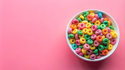 A bowl of colorful, sweet breakfast cereal rings on a pink background