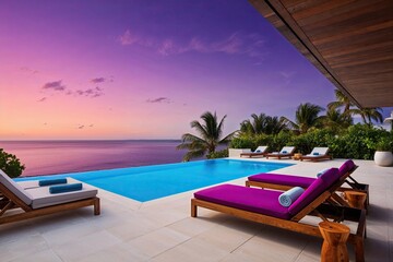 Fototapeta premium Stunning Oceanview Terrace with Sunbeds and Towels Beneath a Purple Sky