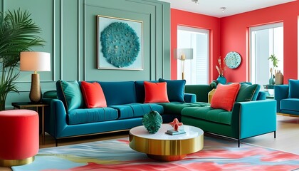 Fototapeta premium Modern living room design vibrant interior home decor colorful environment contemporary style aesthetic appeal