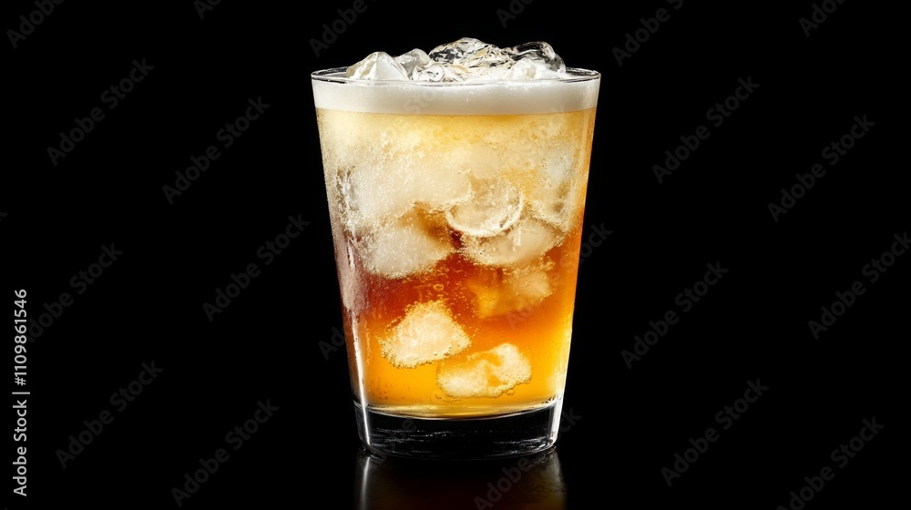 Poster Refreshing Beverage in a Glass with Ice and Bubbles on Dark Background