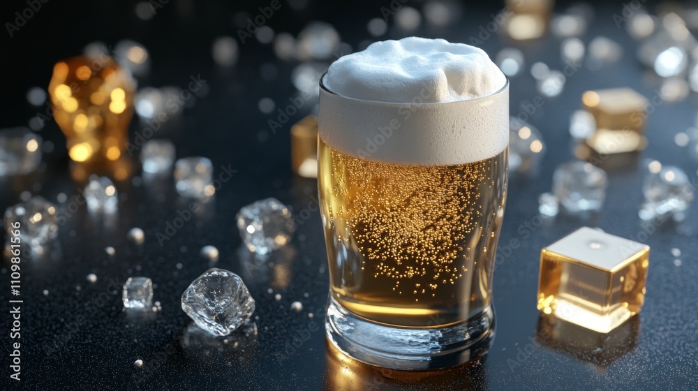 Poster Refreshing Beer Glass Surrounded by Ice Cubes and Sparkling Bubbles
