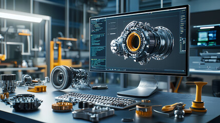 A modern computer workstation with 3d design software open, displaying a complex engine model, surrounded by mechanical parts, tools, and diagrams. Mechanical. Illustration