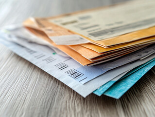 close up view of stack of various envelopes and documents on wooden surface, showcasing different colors and textures. image conveys sense of organization and paperwork