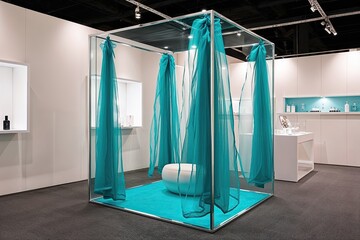 Elegant Three-Dimensional Glass Display Featuring Wispy Organza in Turquoise for Wellness and Beauty Events