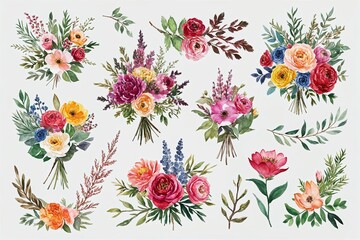 Vibrant Watercolor Flower Collection - Decorative Bouquets, Branches, and Botanical Elements for Home Textiles and Corporate Materials