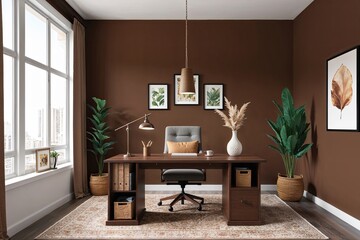 Earthy Brown Home Office Mockup 3D Rendered Workspace Interior Design Ideas