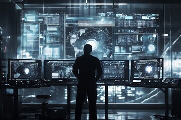 Cybersecurity expert in control room. Concept of data analysis, technology, and digital security.