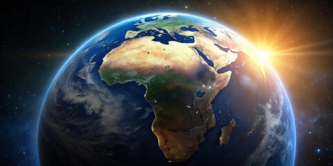 Obraz premium A Stunning Sunrise Illuminates the African Continent from Space, Showing the Earth's Beauty and Diverse Landscapes